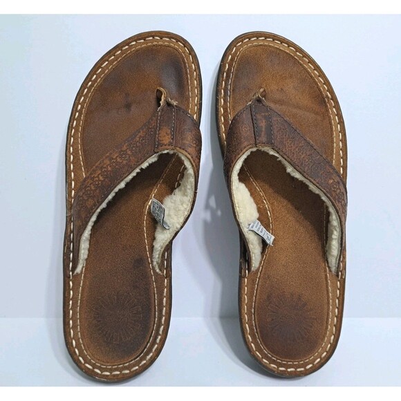 UGG Men's Size 10 Brown Sherpa Lined Leather Flip Flops Sandals Sheepskin Tooled - Picture 8 of 11